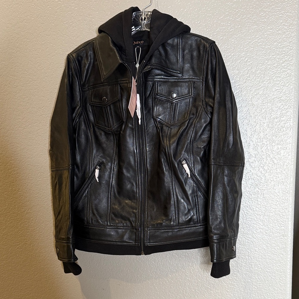 Quince Black Leather Bomber Jacket with Hoodie NWT